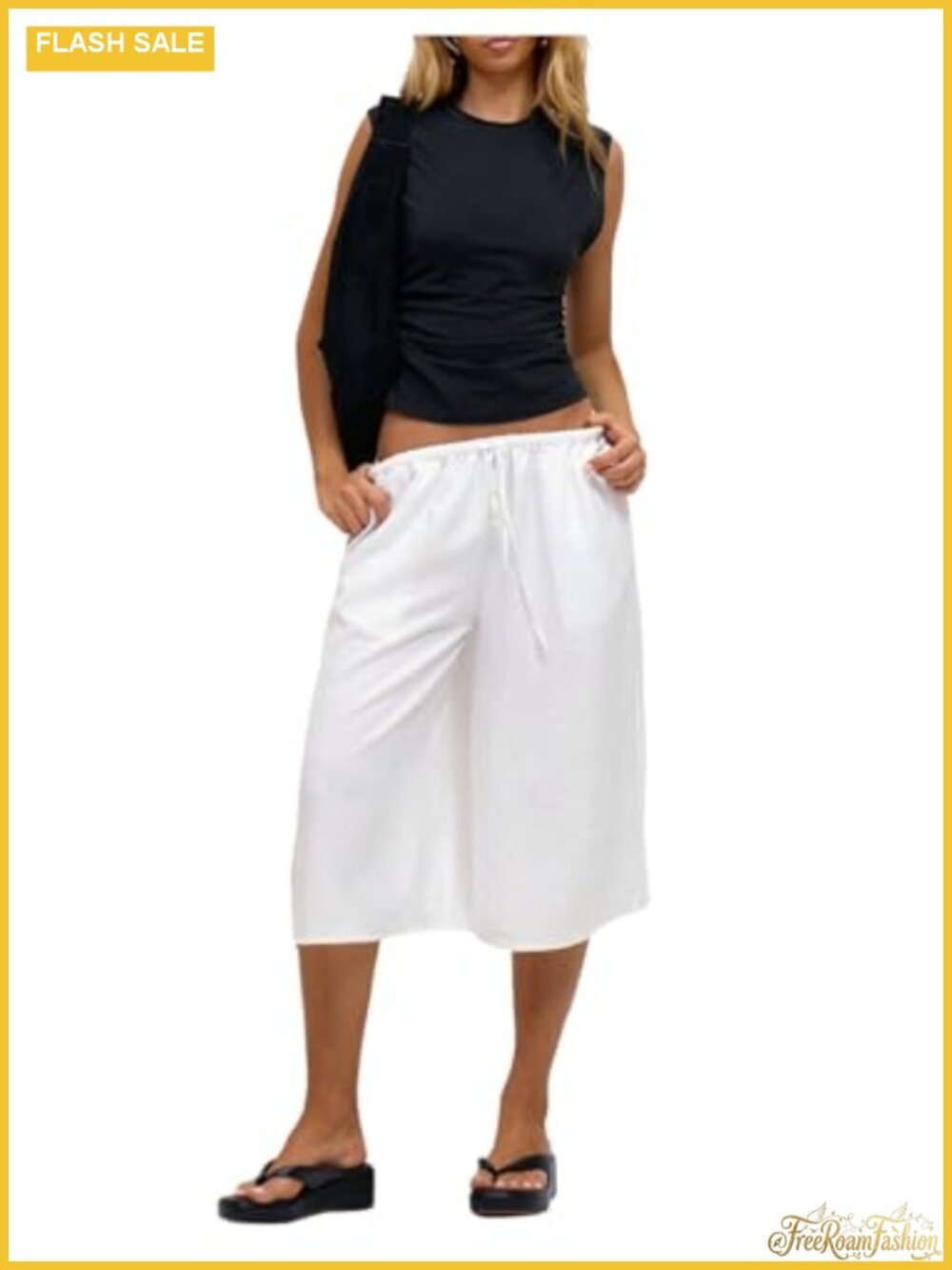 Verdusa Linen Wide Leg Capri Pants with Pockets Baggy Low Rise Summer